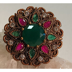 Vintage Gift Collectable Ring Silver Genuine Emerald Ruby Clear Quarts